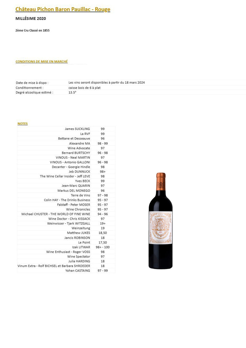 Chateau Pichon-Longueville au Baron de Pichon-Longueville Grand Cru 2020